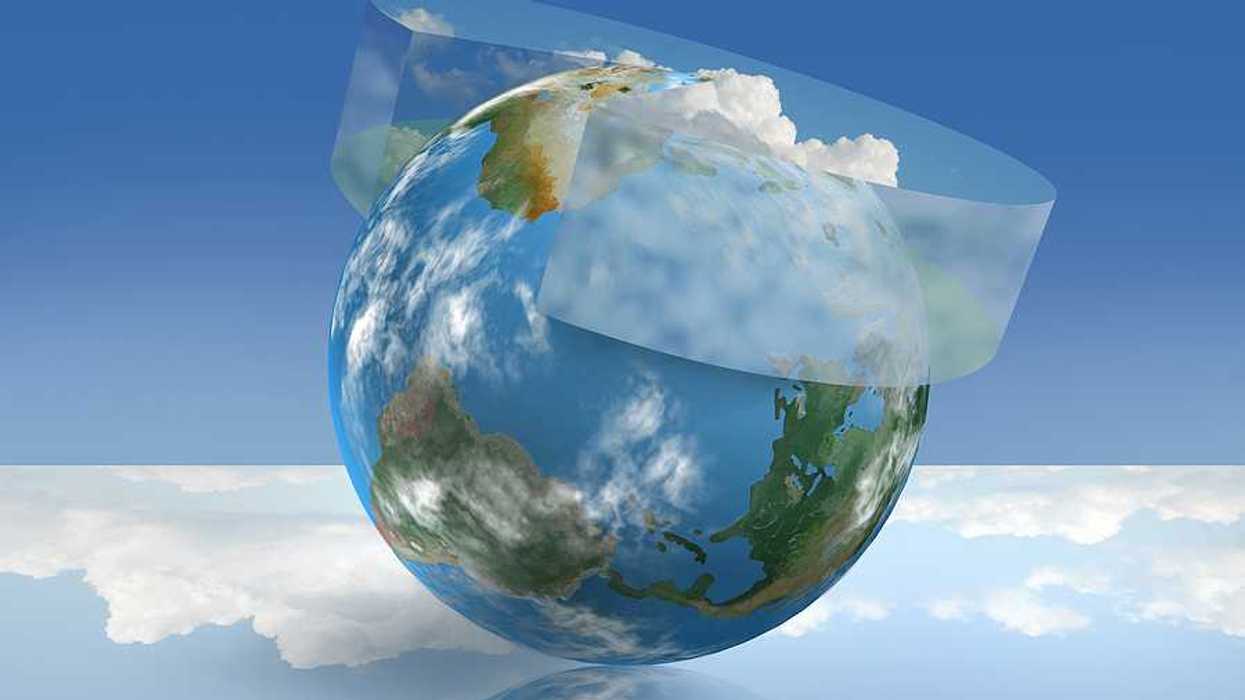 3D illustration of planet Earth with climate control geoengineering technology employed for filtering sunlight.