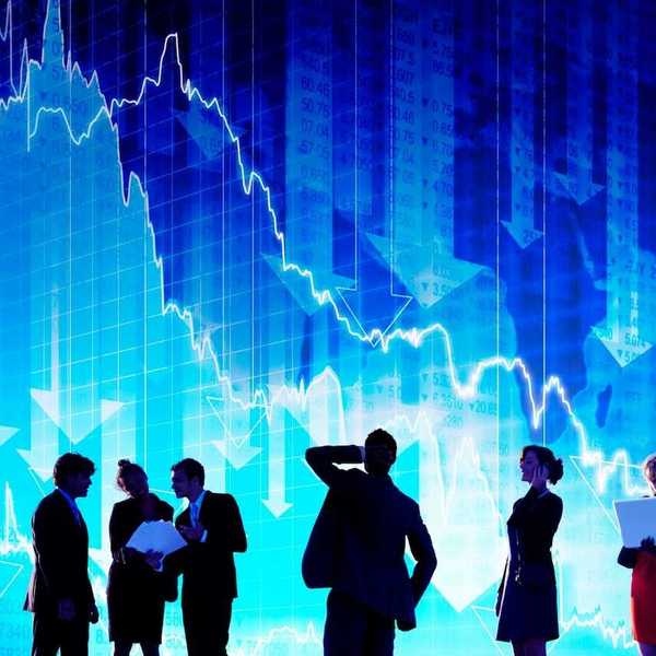 3D rendering of financial professionals reacting to looming background of a falling stock market indicators.
