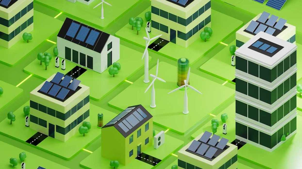 3D rendering of interconnected community employing solar panels, wind energy, EV car chargers, heat pumps, and other energy efficiency tools.