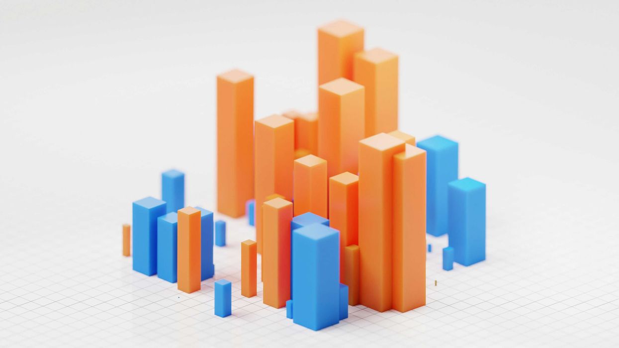 A 3D illustration of a bar chart with orange and blue bars