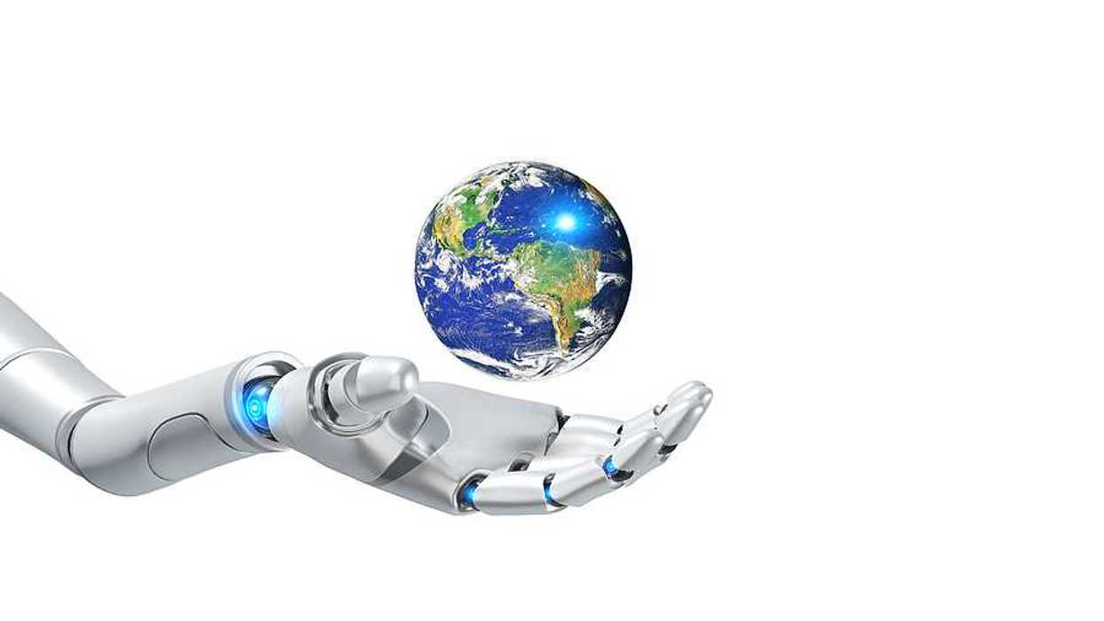 A 3D image of a robot arm and hand with the earth hovering above it