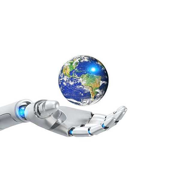 A 3D image of a robot arm and hand with the earth hovering above it