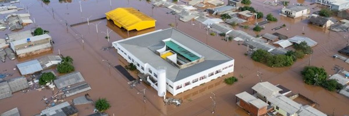 A aerial view of a flooded neighborhood.