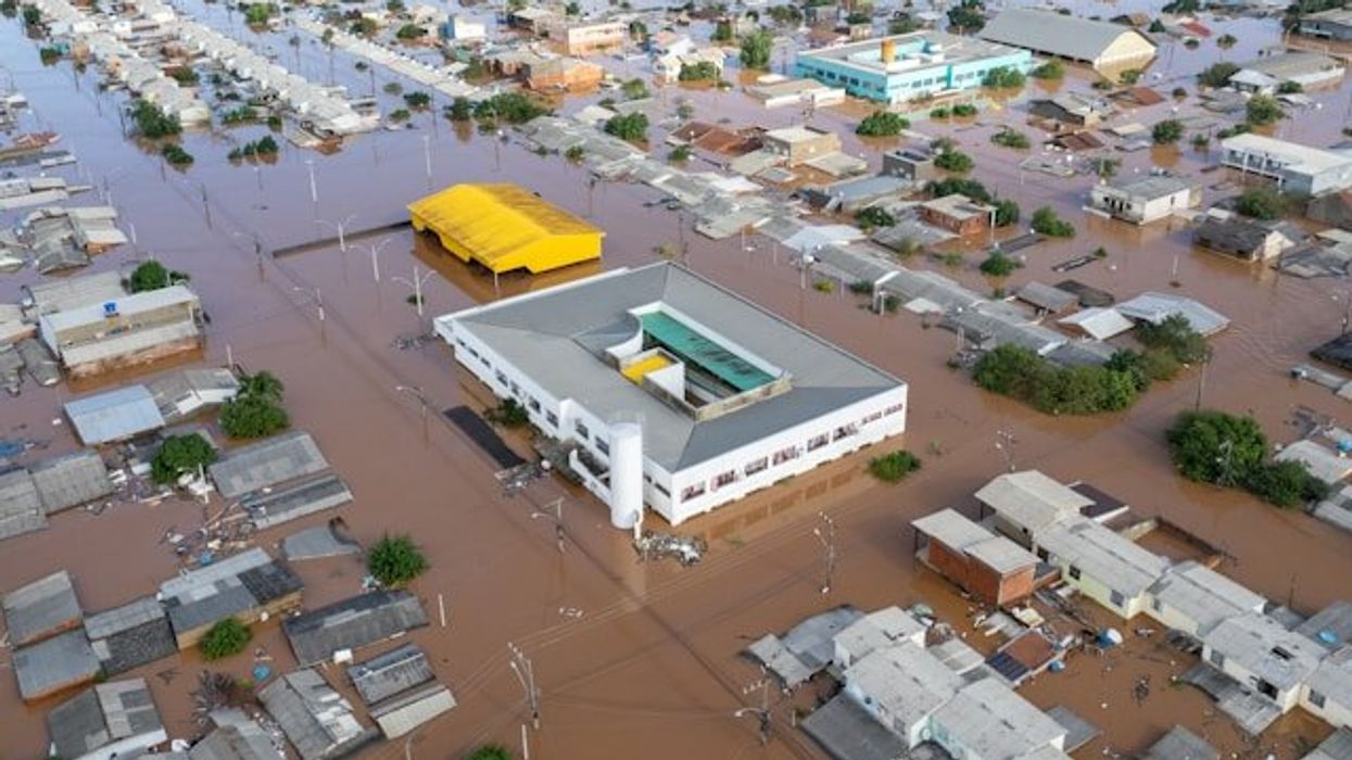 A aerial view of a flooded neighborhood.