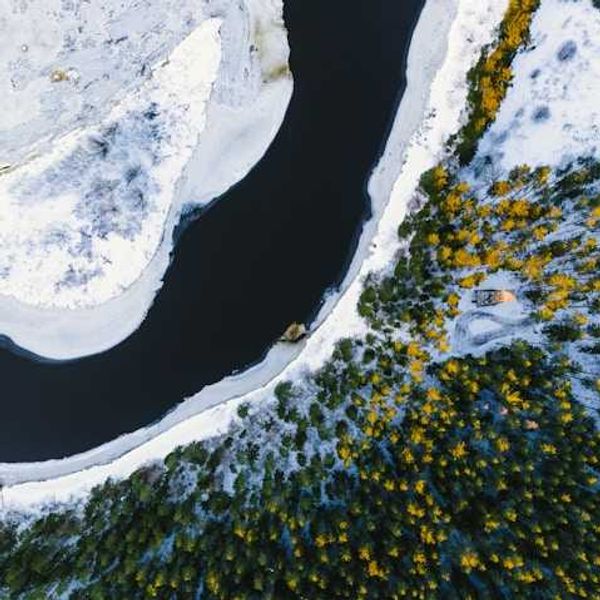 A aerial view of water, snow, and forested land