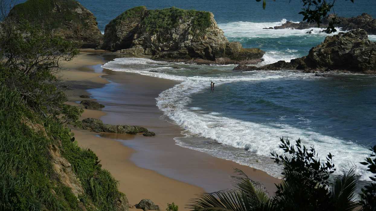 A beach with rugged shoreline and green vegetation.