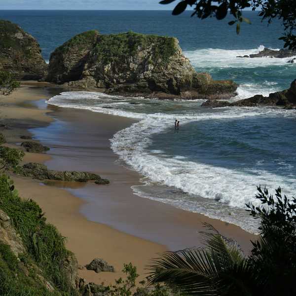 A beach with rugged shoreline and green vegetation.