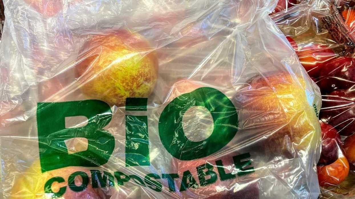 A bio compostable bag for loose fruit and vegetables. Clear bag imprinted with green letters reading "Bio Compostable." offered by a supermarket in Spain.
