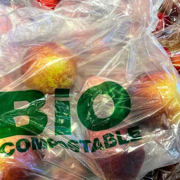 A bio compostable bag for loose fruit and vegetables. Clear bag imprinted with green letters reading "Bio Compostable." offered by a supermarket in Spain.