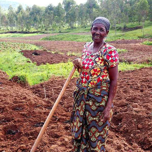 A black woman farmer standing in her fields in Rwanda