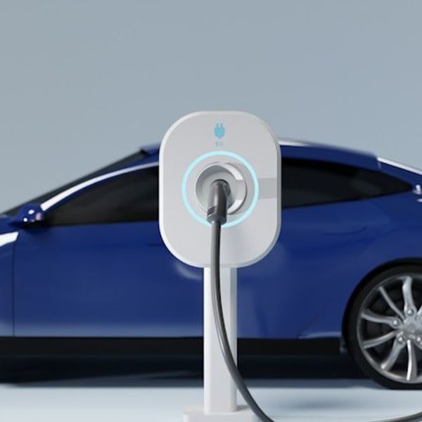 A blue electric vehicle being charged at an EV charging station.