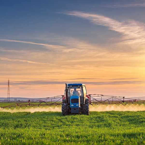 A blue tractor applying pesticides to a green farm field