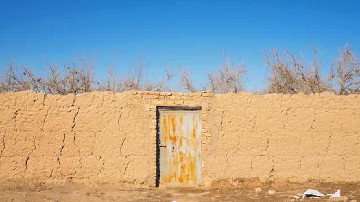 A brown brick wall with a metal door in a dry environment
