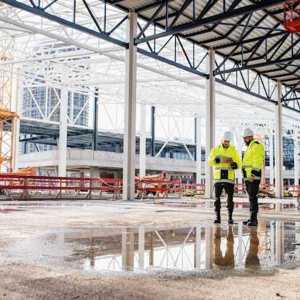A building site with two men in yellow jackets looking at a tablet