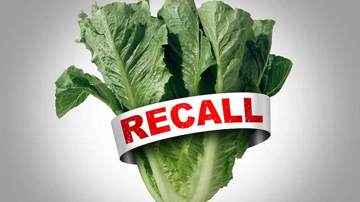 A bunch of lettuce with a tag with the word RECALL in red font