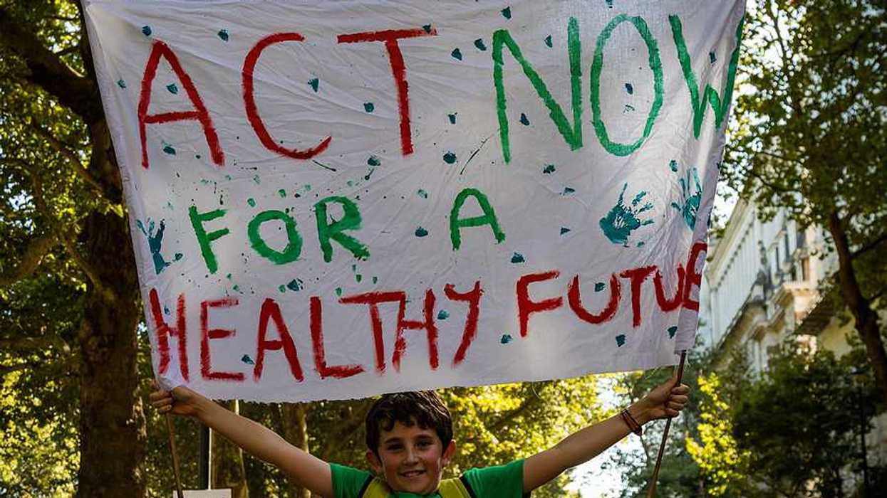 A child holding a protest sign that says Act Now for a Healthy Future
