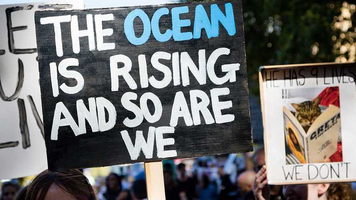 A child holding a protest sign that says 'the ocean is rising and so are we'