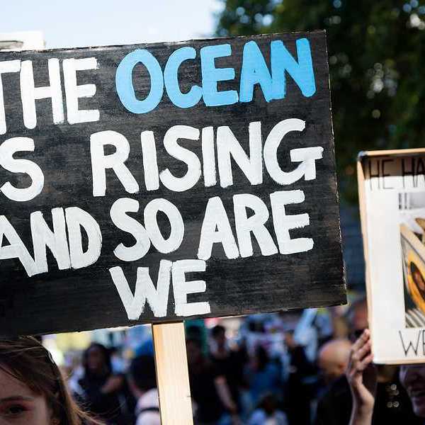 A child holding a protest sign that says 'the ocean is rising and so are we'