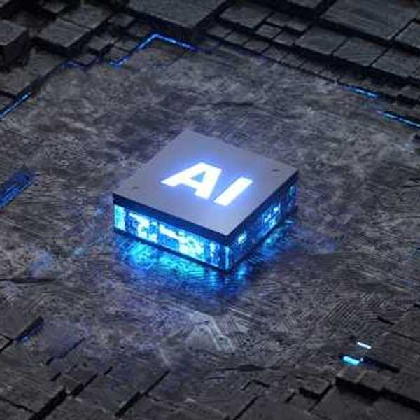 A closeup of a computer mother board with a blue and black square with the letters AI on it