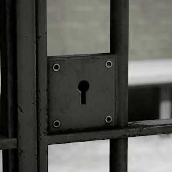 A closeup of a jail cell door with lock