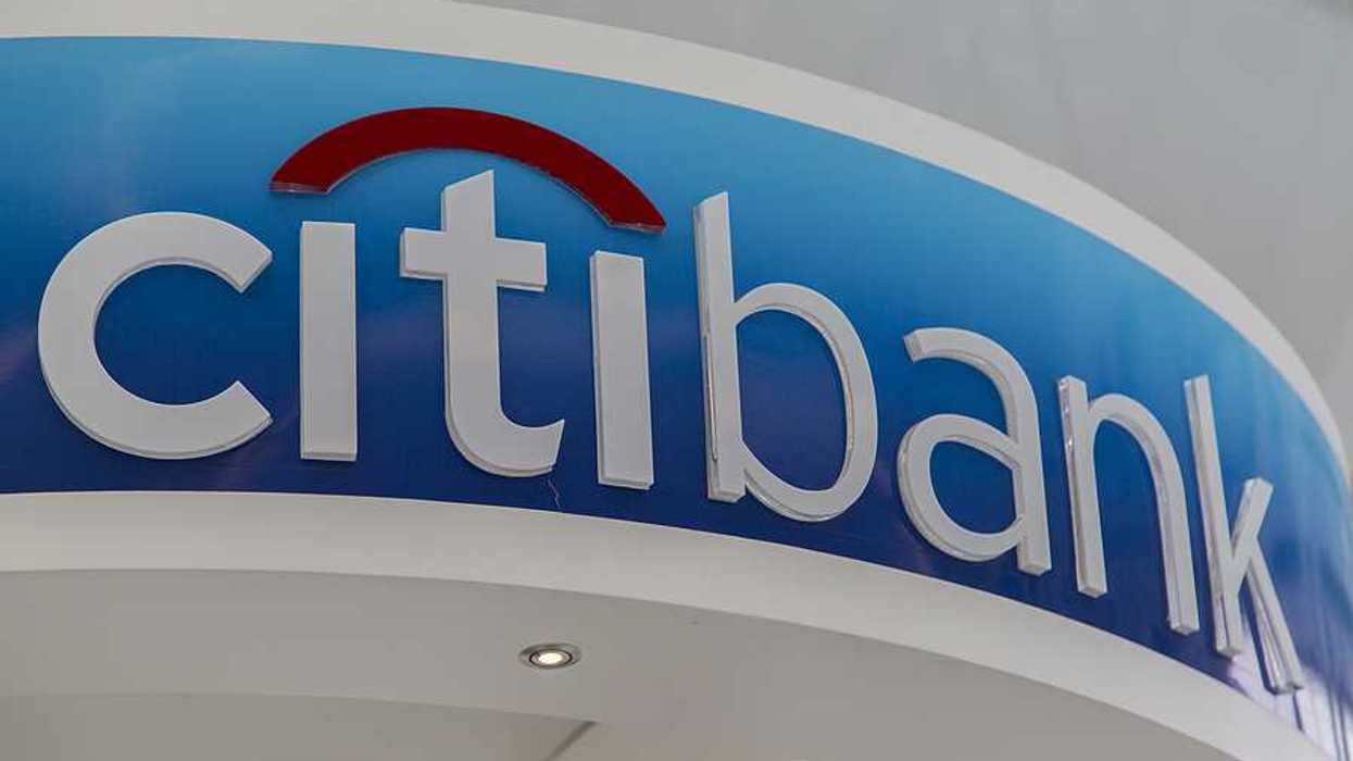 A closeup view of a citibank sign in red, white and blue