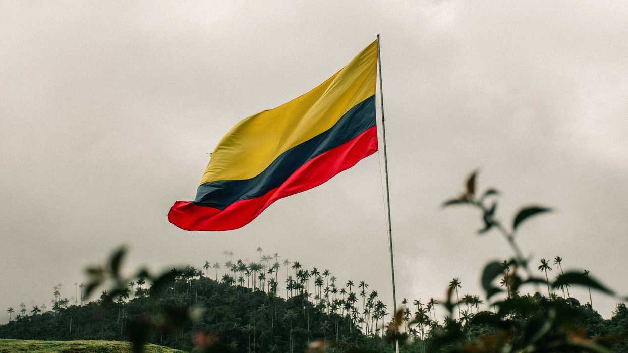 a Colombian flag flying in the wind on top of a hill with a mountain and wax palms visible in background.