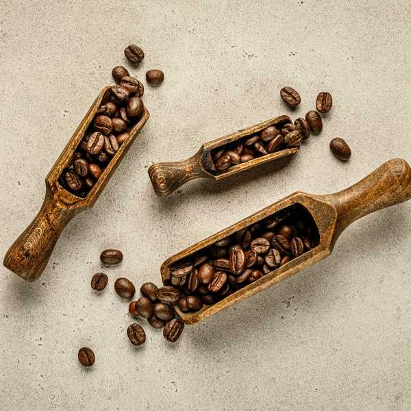 a couple of wooden scoops filled with coffee beans