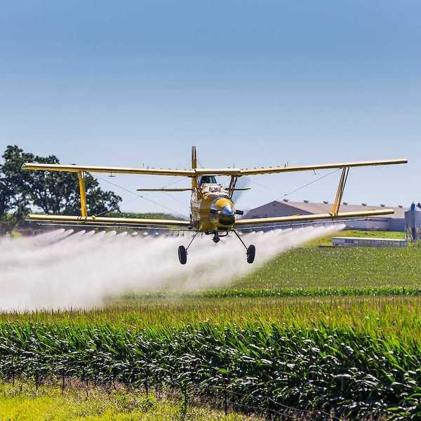 A crop duster sprays chemicals on a field of vegetation.