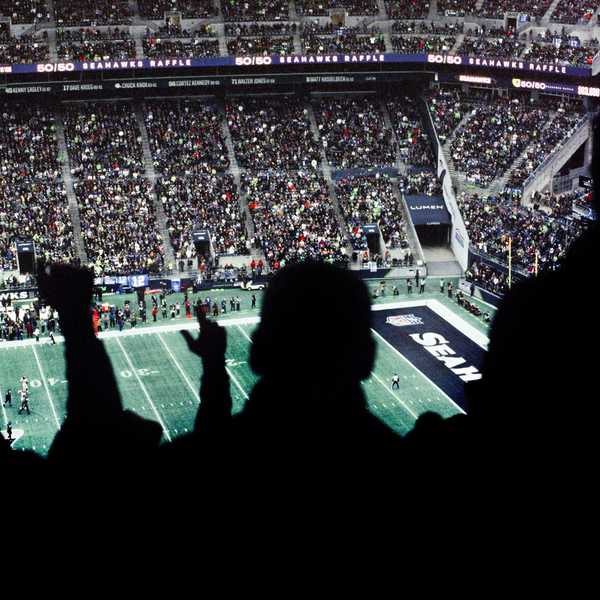 a crowd of people watching a football game.