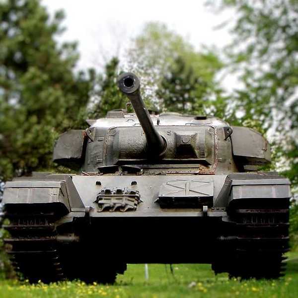 A dark military tank parked on green grass with trees in the background