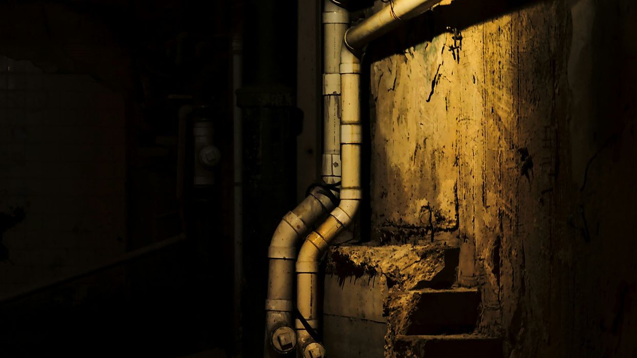a dark room with rusty pipes.