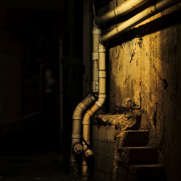 a dark room with rusty pipes.