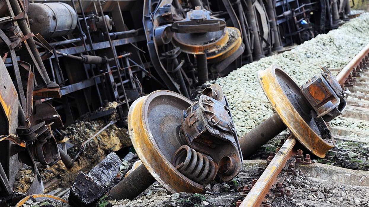 A derailed train on its side with burned wheels