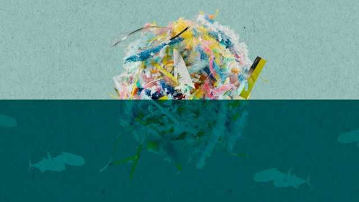 A digital illustration of a ball of plastic waste floating in the water