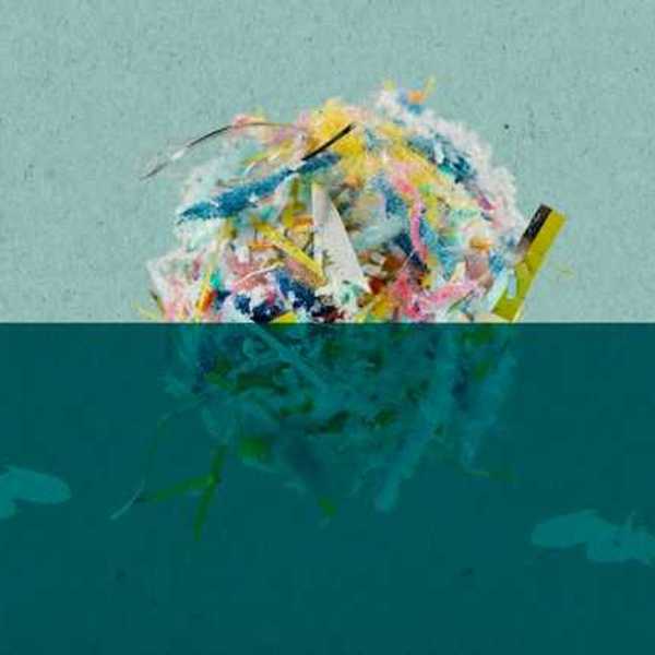 A digital illustration of a ball of plastic waste floating in the water