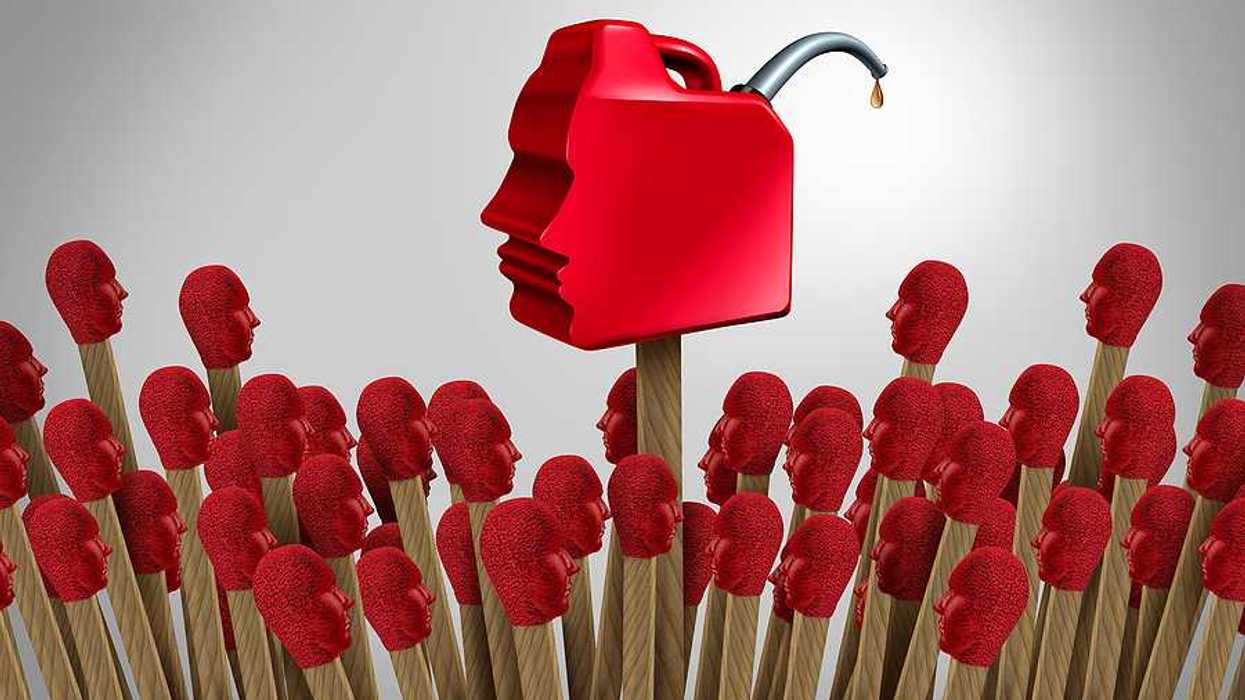 A digital image of a red gas can pouring fuel on matchsticks