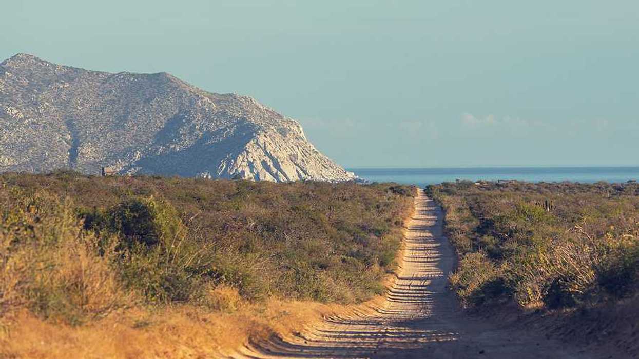 A dirt road in a dry environment heading to the ocean