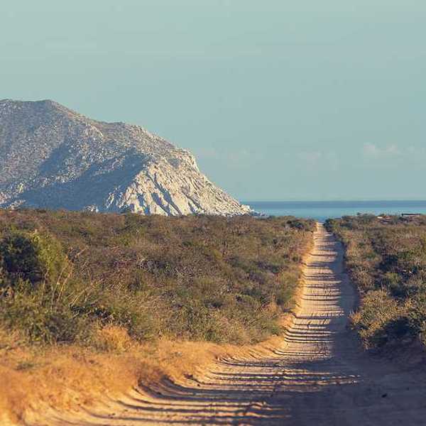 A dirt road in a dry environment heading to the ocean