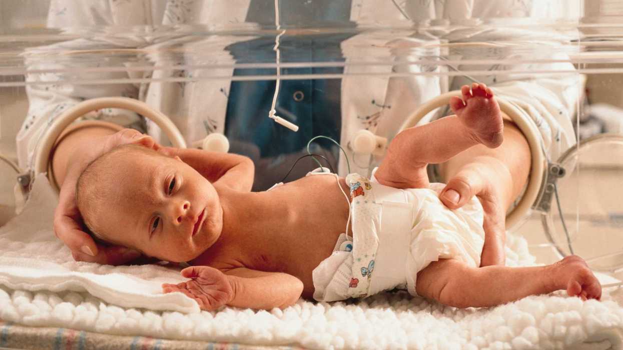 A doctor handles an infant in an incubator