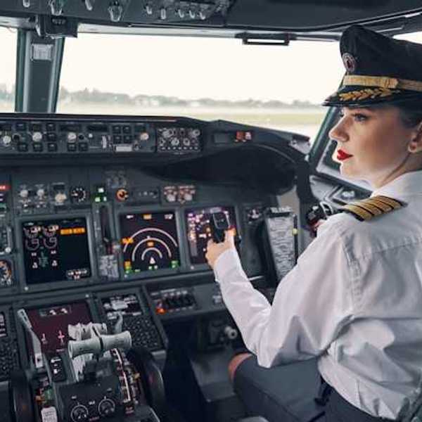 A female airplane pilot sitting at the controls of a jet airplane