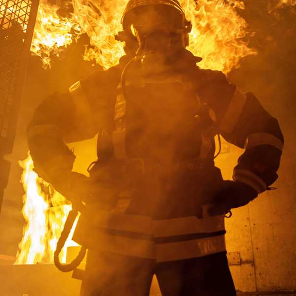 a firefighter standing in front of a large fire