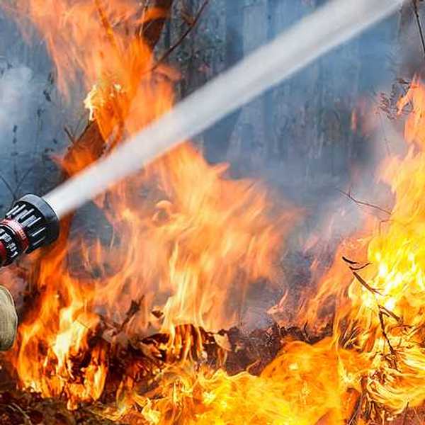 A firefighter training a water hose on a wildfire