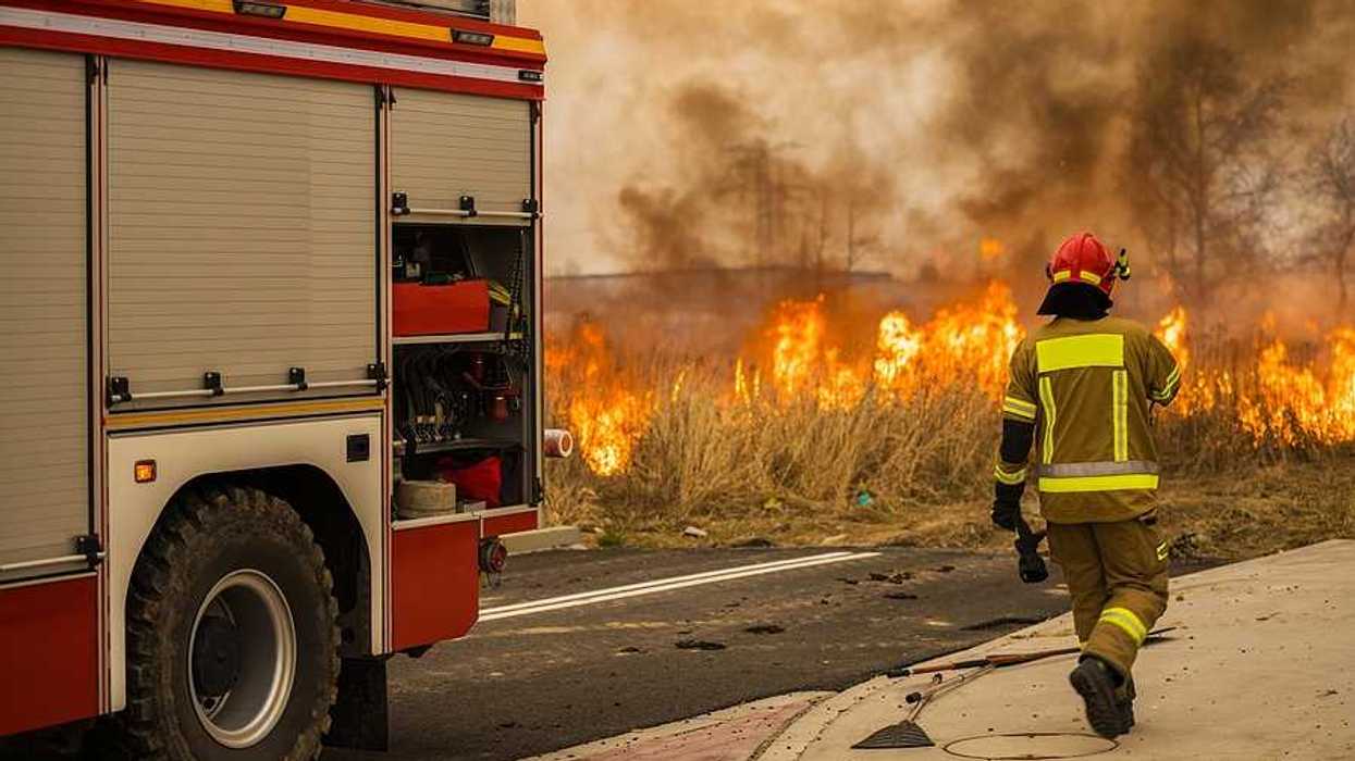 A fireman walking away from a firetruck toward a grass fire