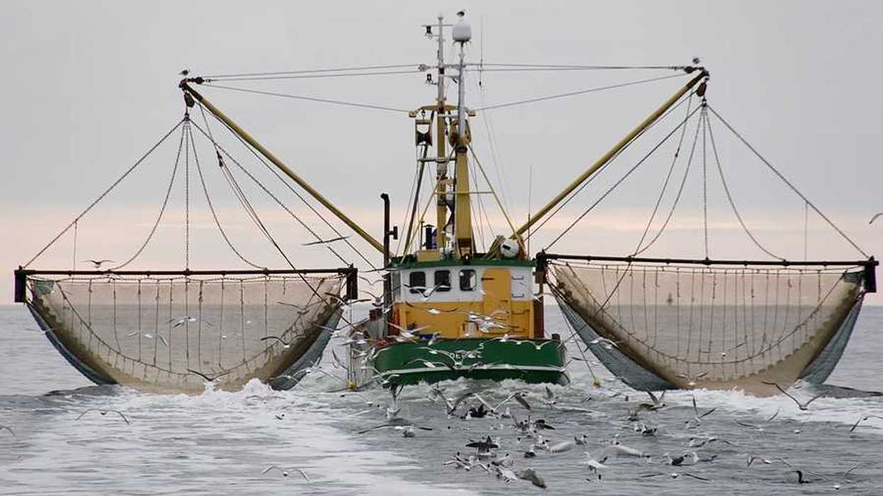 A green and yellow commercial trawler with two nets.