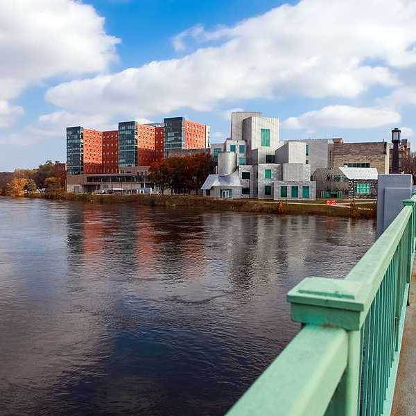 A green pedestrian bridge over a river with a small city skyline in the background