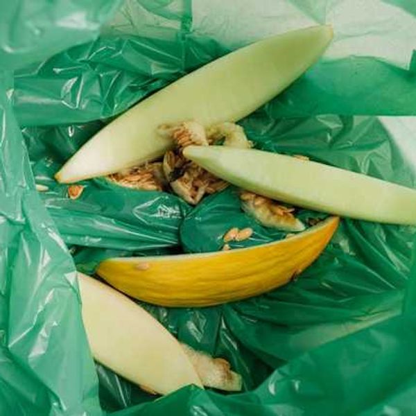 A green trash bag holding remains of a melon