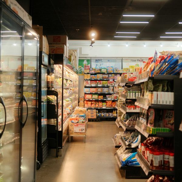 A grocery store filled with lots of packaged processed foods.