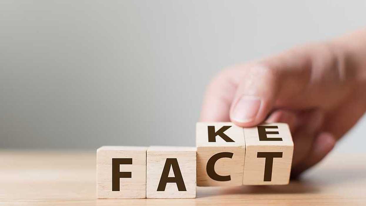 A group of four wooden cubes with letters spelling FACT and FAKE