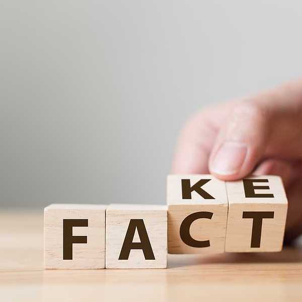 A group of four wooden cubes with letters spelling FACT and FAKE