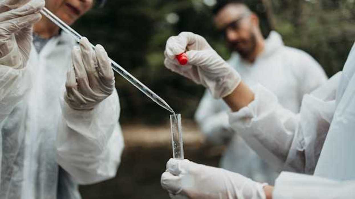 A group of scientists pouring water into a test tube